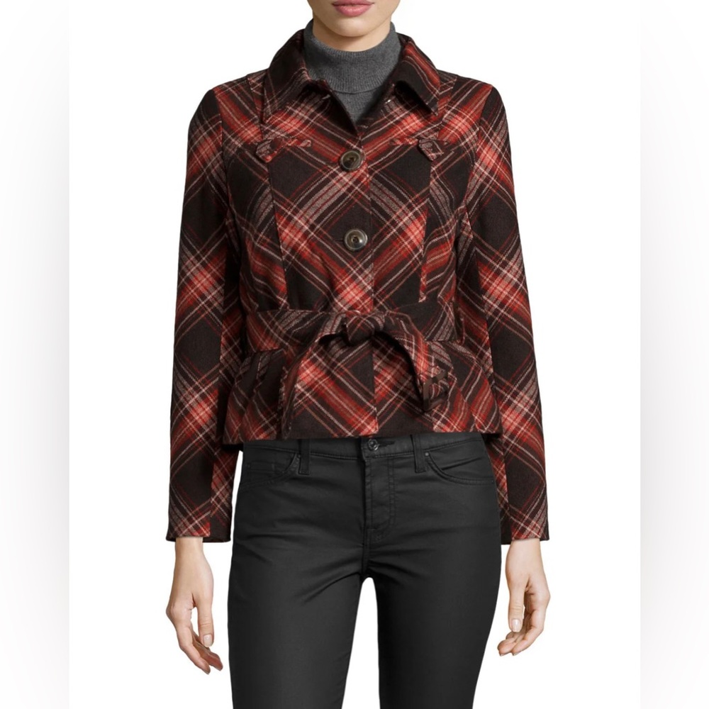 Raison D'etre Womens Short Belted Plaid Jacket